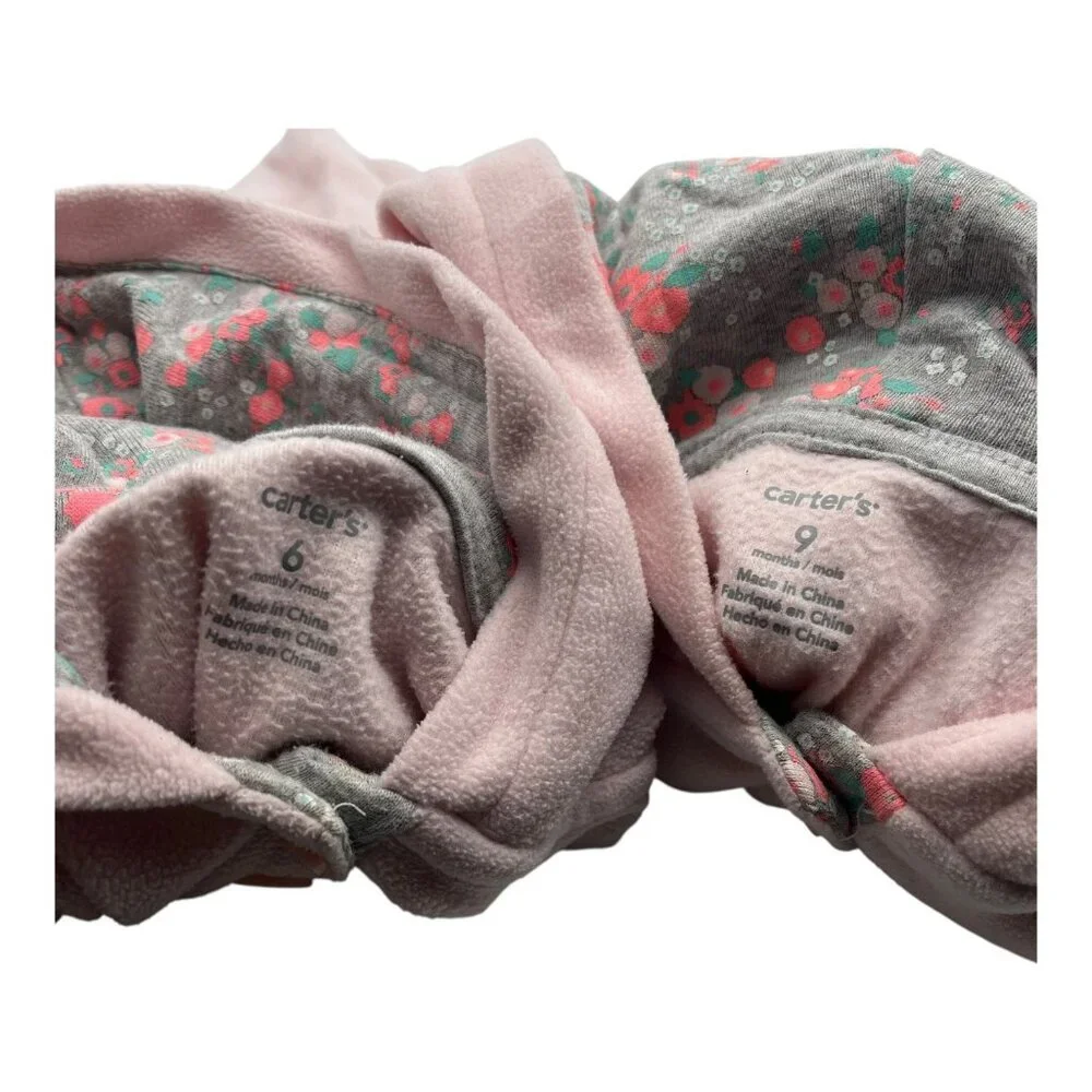 Lot Of 2 Carter’s Baby Hooded Fleece One‎ Piece 6-9M Heart Pink Floral Pocket